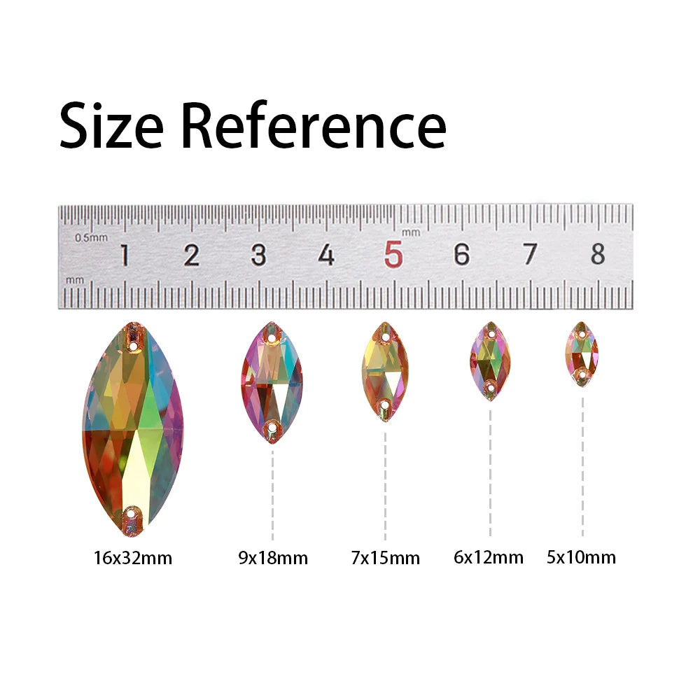 QIYI Factory Top Quality 5A Glass Crystal AB Navette Sew-on Stone Flat Back Coloful Sew on Rhinestones Buttons for Bouquet