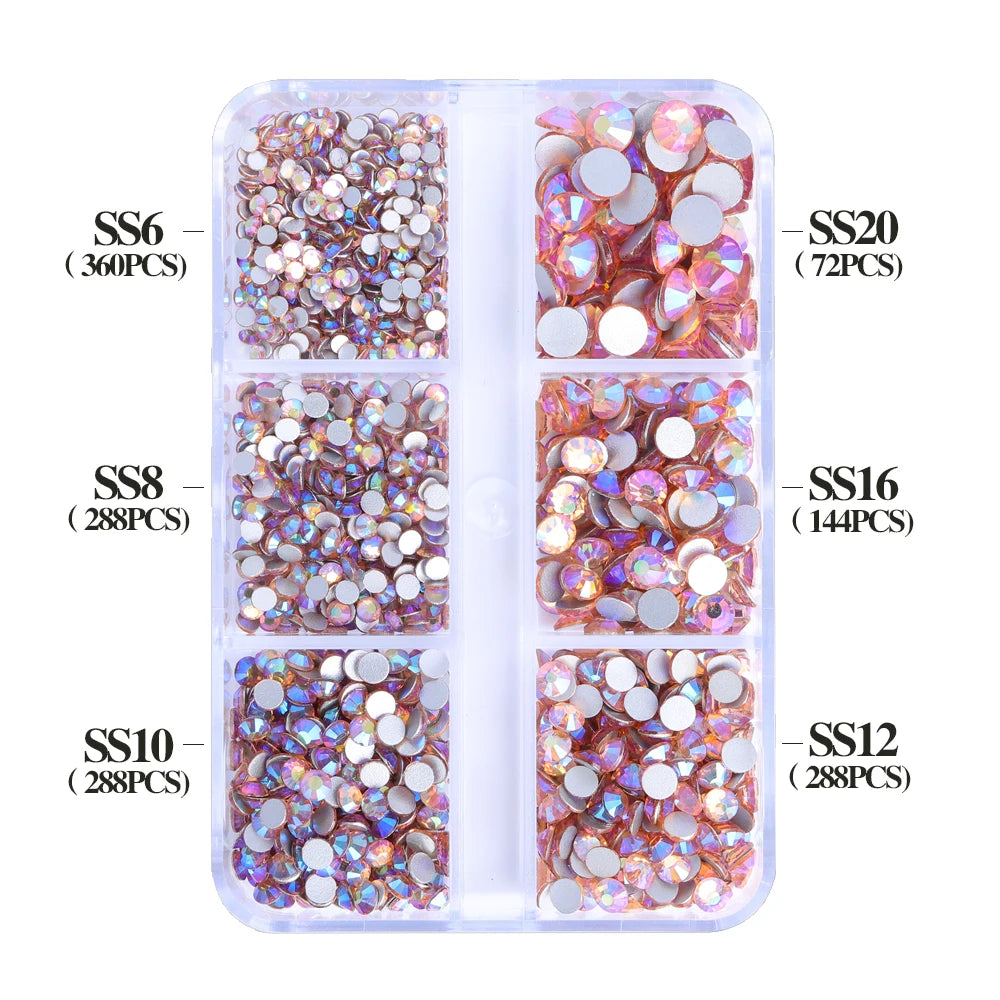 Wholesale 6 Grid Non Hotfix Crystal AB Rhinestone Flatback Glass Rhinestone Mixed Size for Nail Art Decoration