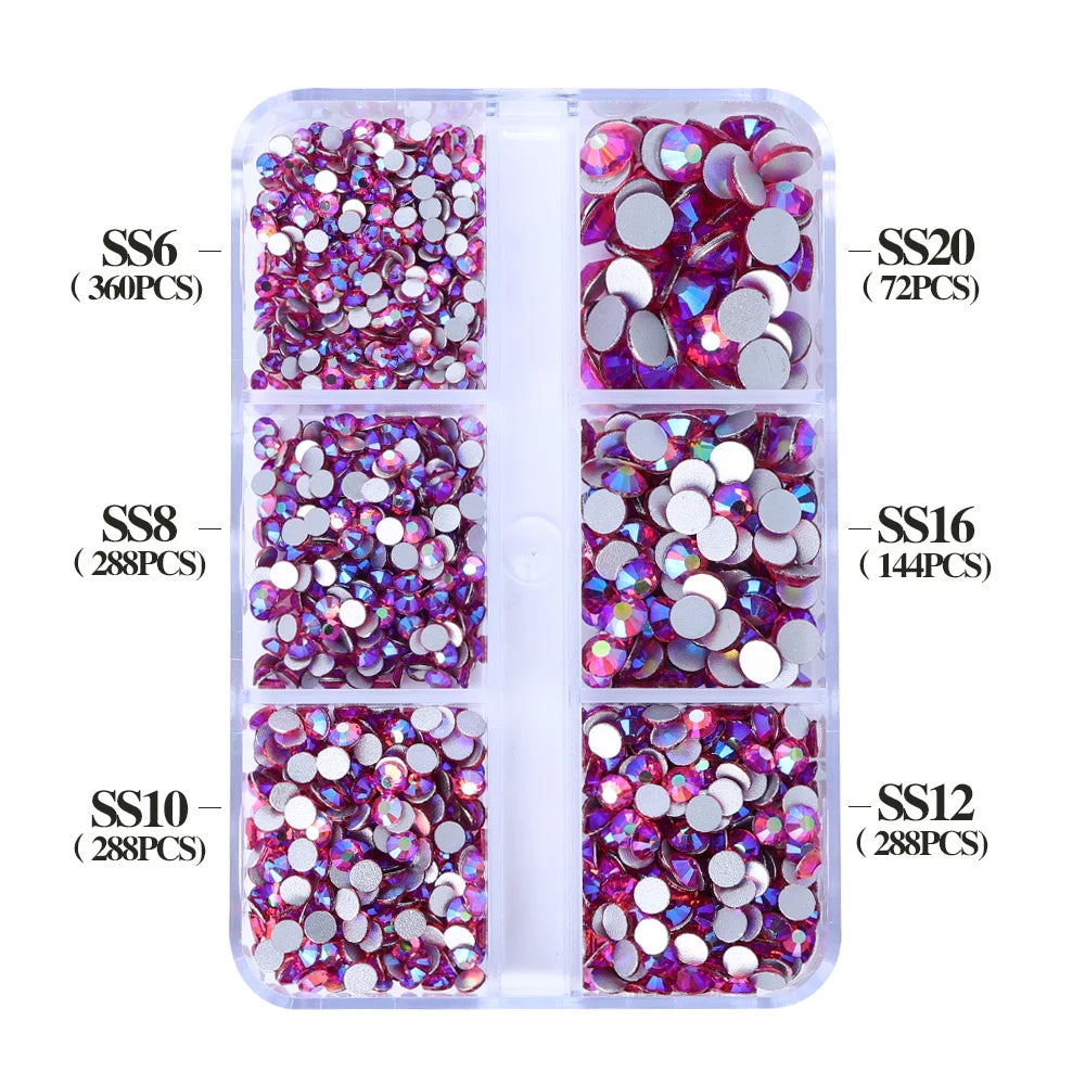 Wholesale 6 Grid Non Hotfix Crystal AB Rhinestone Flatback Glass Rhinestone Mixed Size for Nail Art Decoration