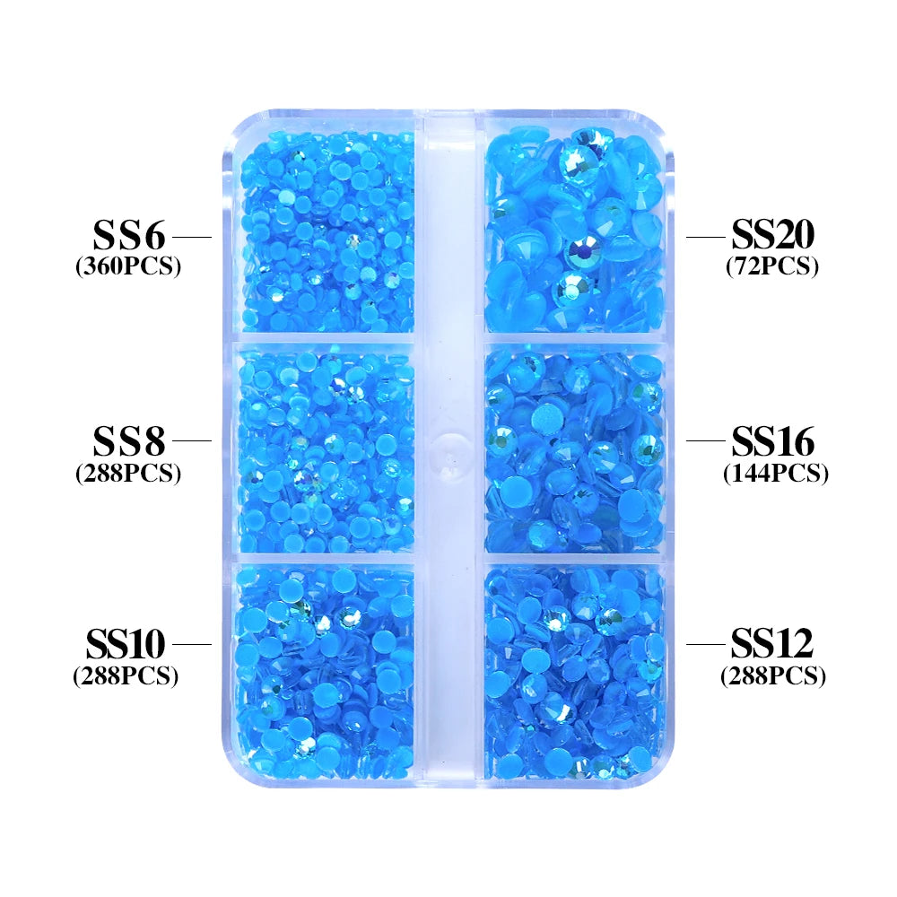 QIYI Nail Decoration Mocha Neon 1440pcs Multi Size 6 Grid Box Glass Nail Charms Rhinestones Wholesale Bulk Crystal Stone