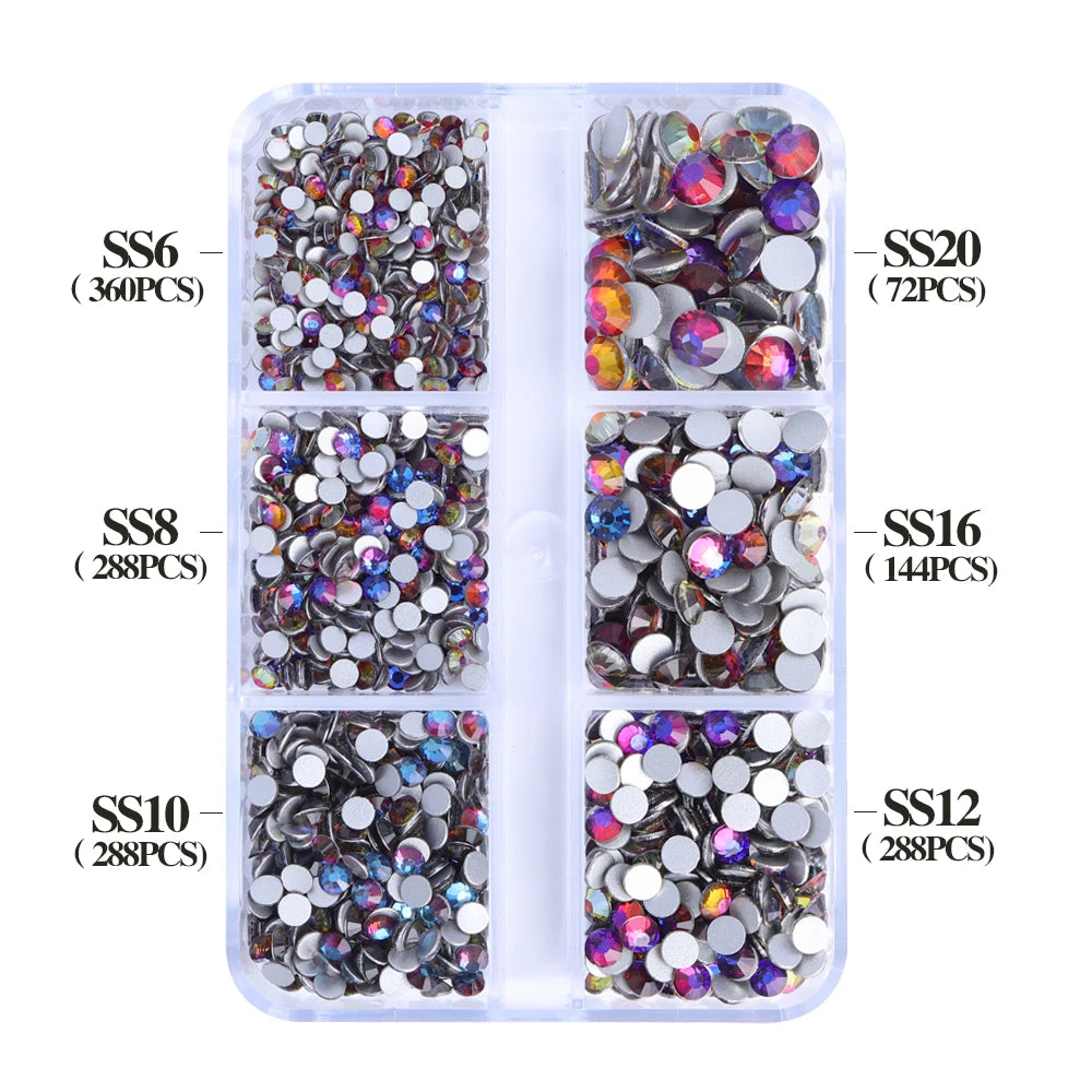 Wholesale 6 Grid Non Hotfix Crystal AB Rhinestone Flatback Glass Rhinestone Mixed Size for Nail Art Decoration