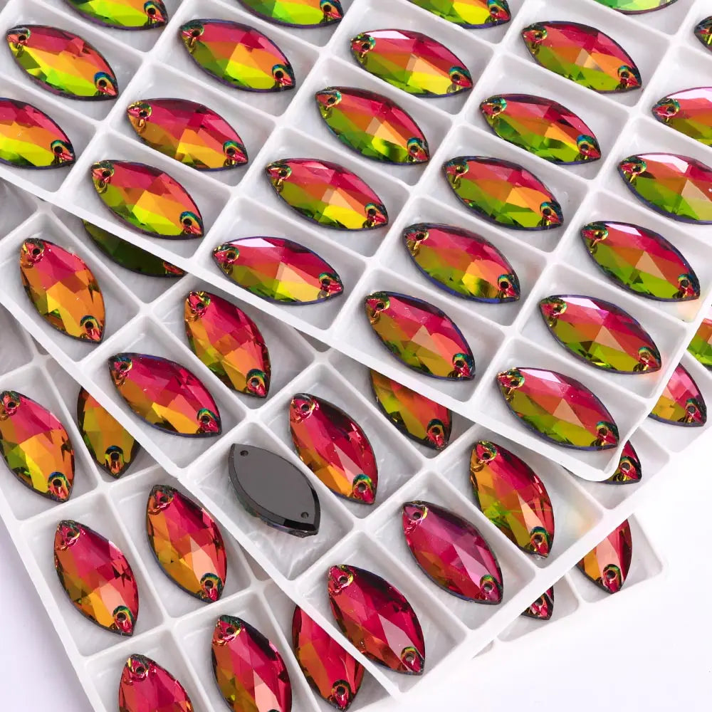 QIYI Factory Top Quality 5A Glass Crystal AB Navette Sew-on Stone Flat Back Coloful Sew on Rhinestones Buttons for Bouquet