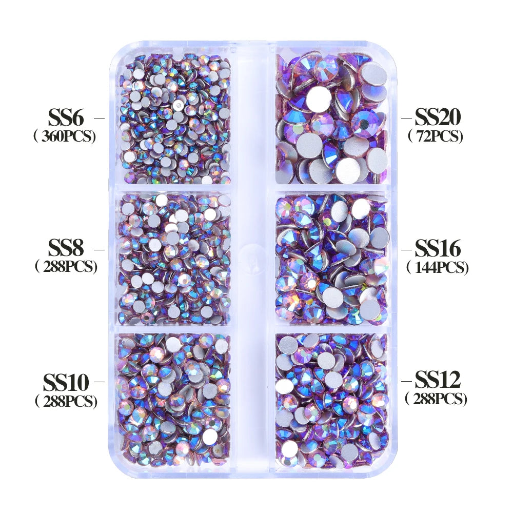 Wholesale 6 Grid Non Hotfix Crystal AB Rhinestone Flatback Glass Rhinestone Mixed Size for Nail Art Decoration