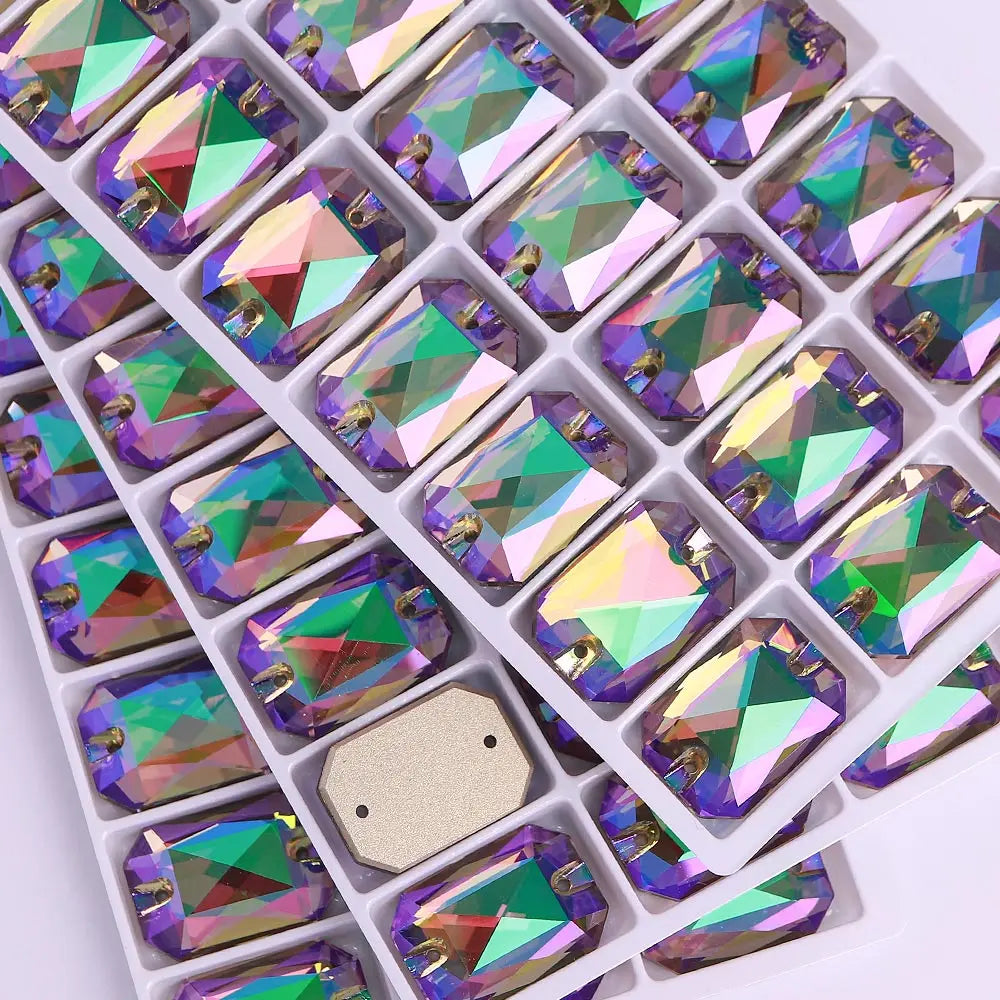 Emerald Cut High Quality Latest Fashion Clear Glass Flat Back Sew-On Rhinestones 12 Facets Multi-Use DIY Wedding Dress Two Holes