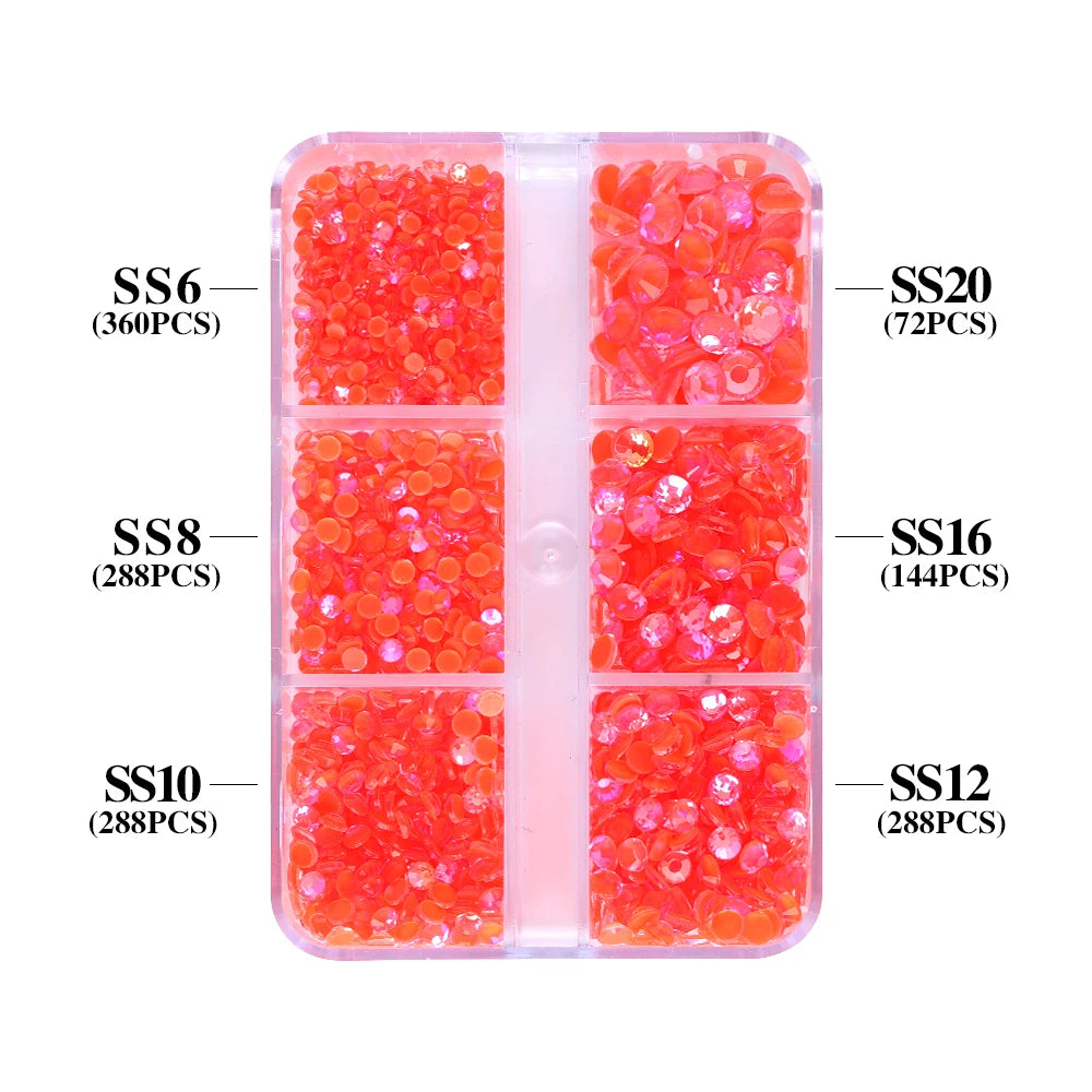 QIYI Nail Decoration Mocha Neon 1440pcs Multi Size 6 Grid Box Glass Nail Charms Rhinestones Wholesale Bulk Crystal Stone