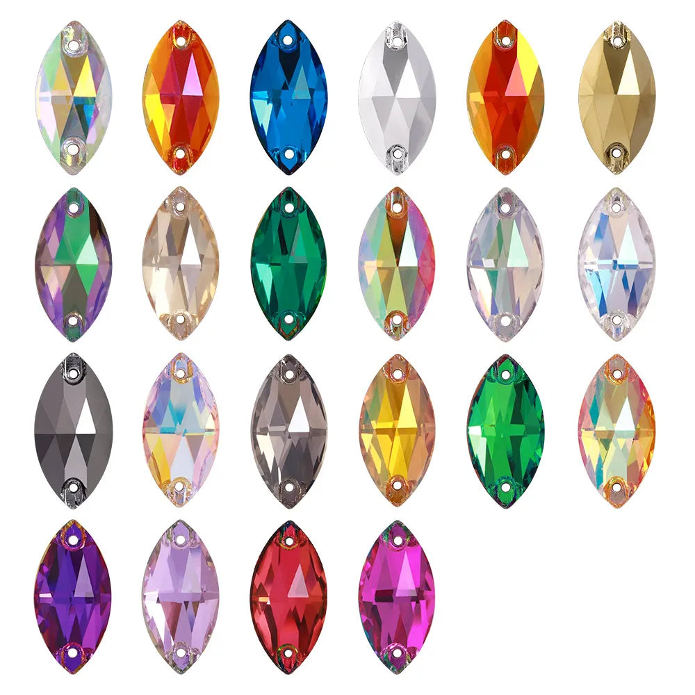 QIYI Factory Top Quality 5A Glass Crystal AB Navette Sew-on Stone Flat Back Coloful Sew on Rhinestones Buttons for Bouquet