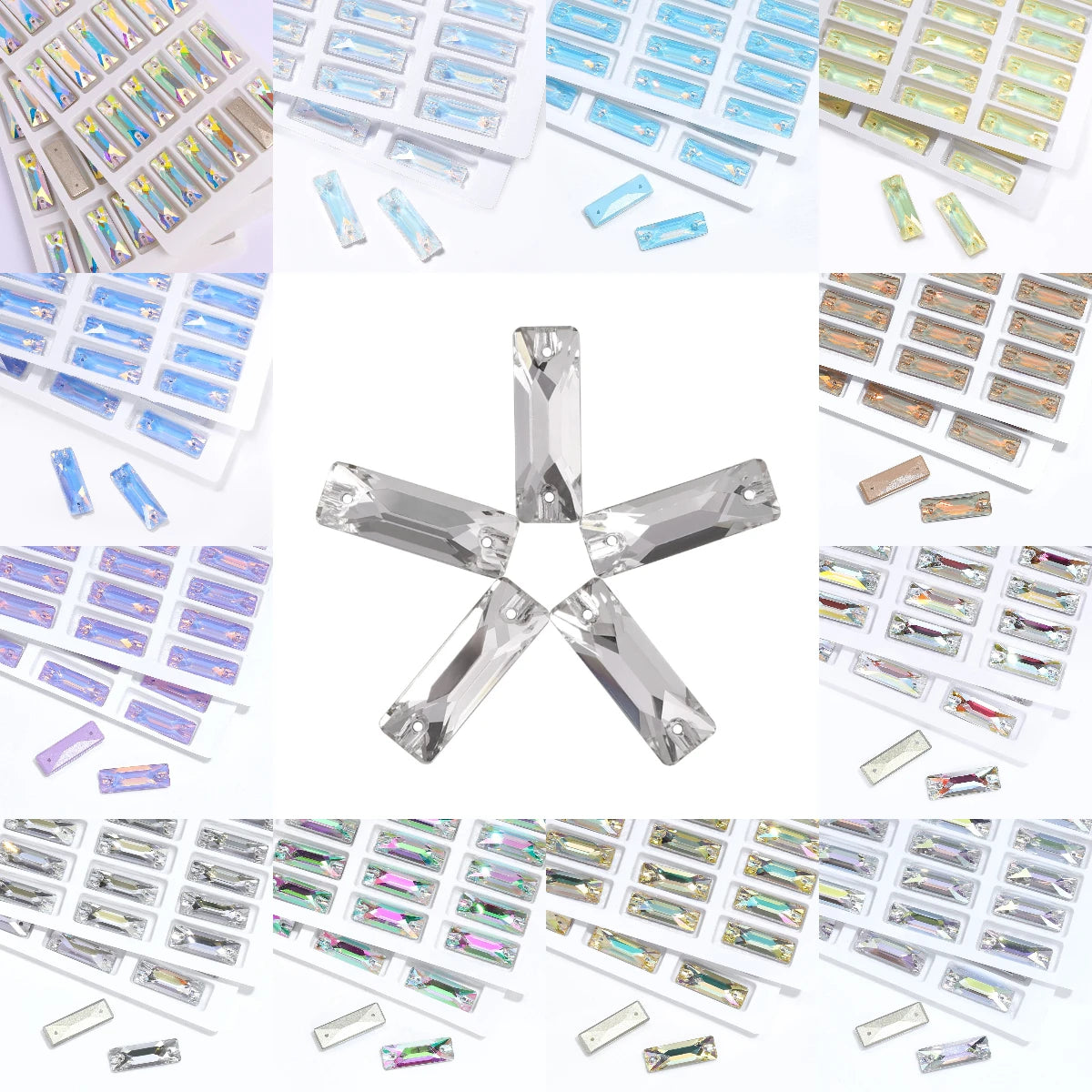 3255 New Arrival 14+ Different Colors and Size Long Strip Shape Flat Back Pure Hard Glass Crystal Sew-on Rhinestones for Garment