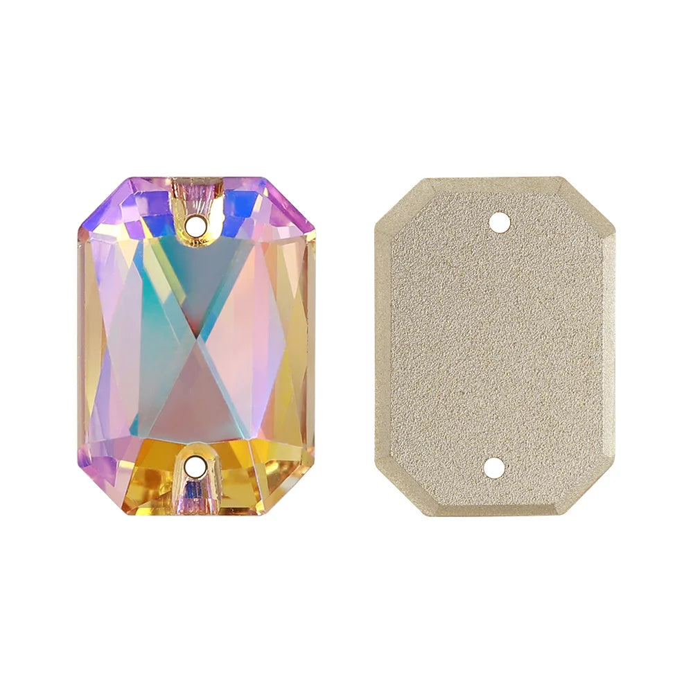 Emerald Cut High Quality Latest Fashion Clear Glass Flat Back Sew-On Rhinestones 12 Facets Multi-Use DIY Wedding Dress Two Holes