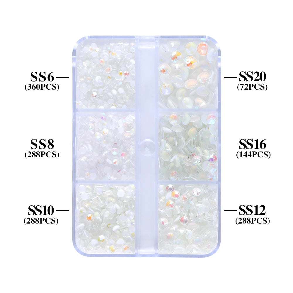 QIYI Nail Decoration Mocha Neon 1440pcs Multi Size 6 Grid Box Glass Nail Charms Rhinestones Wholesale Bulk Crystal Stone