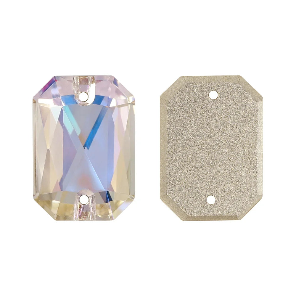 Emerald Cut High Quality Latest Fashion Clear Glass Flat Back Sew-On Rhinestones 12 Facets Multi-Use DIY Wedding Dress Two Holes