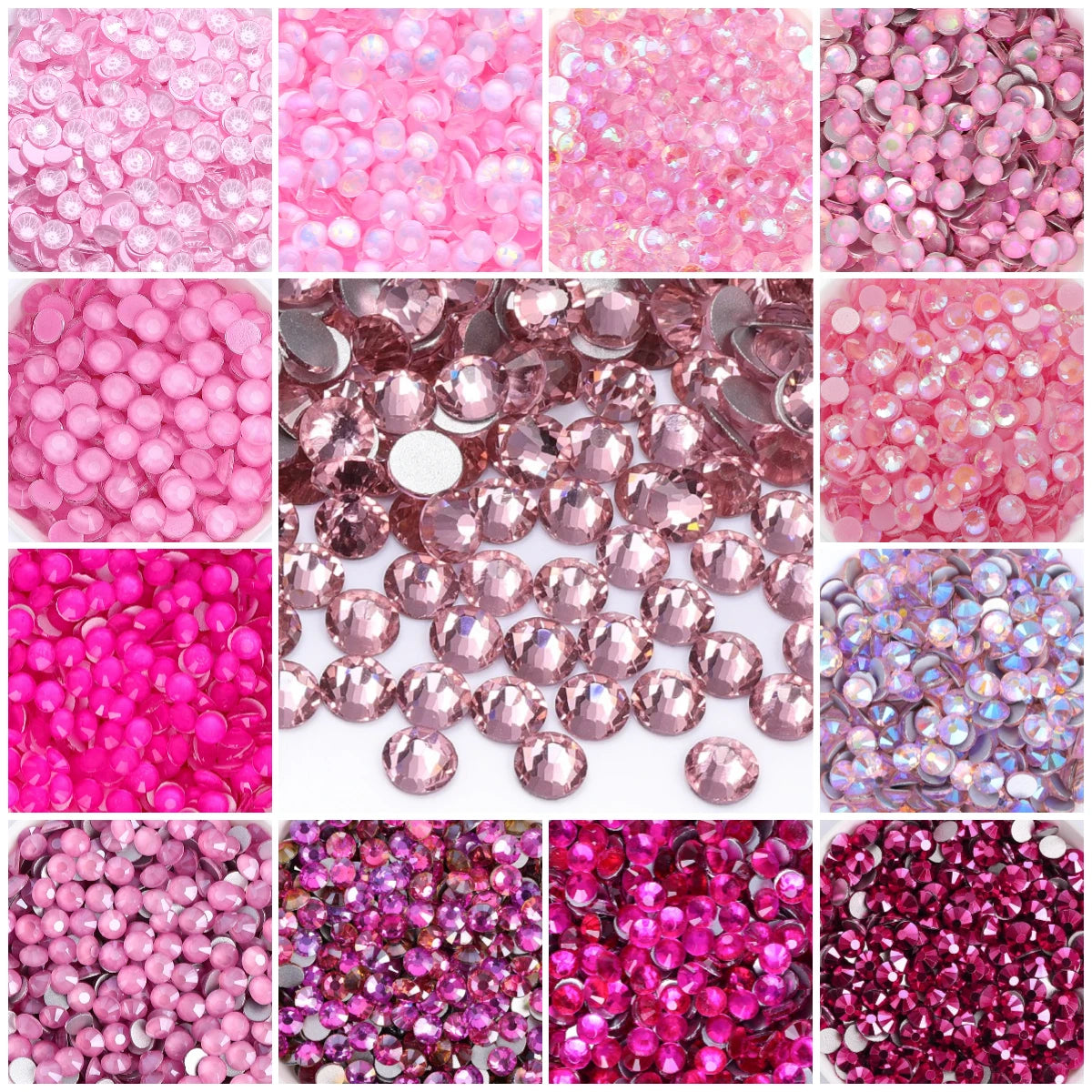 34Kinds Pink Color SS6-SS30 Crystal Rhinestones Ready Stock Non Hotfix Glue on Rhinestones for Gymnastics Performance Clothing