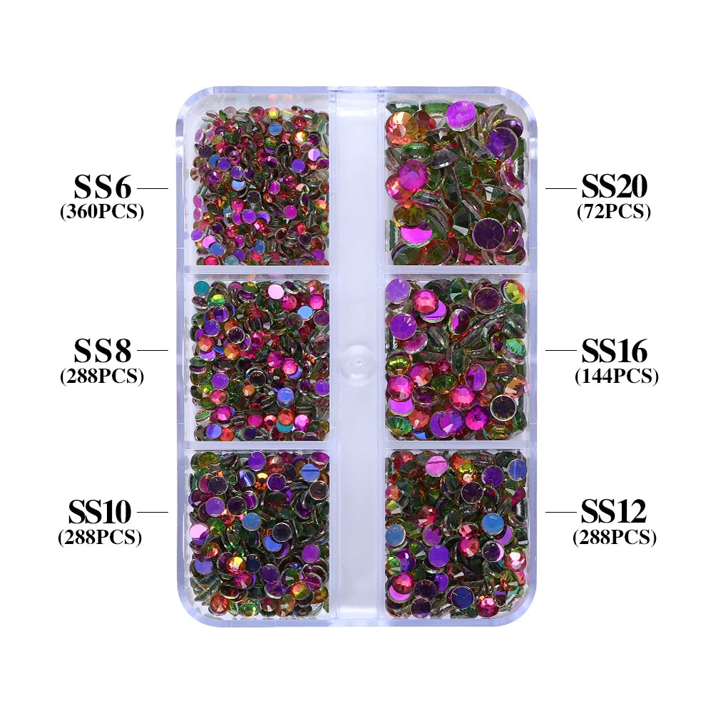 QIYI High Quality 1440pcs Aurora Mixed 6 Grid Box Glass Crystal Diamond Nail Art Decoration Glitters Stone for Nail Charms