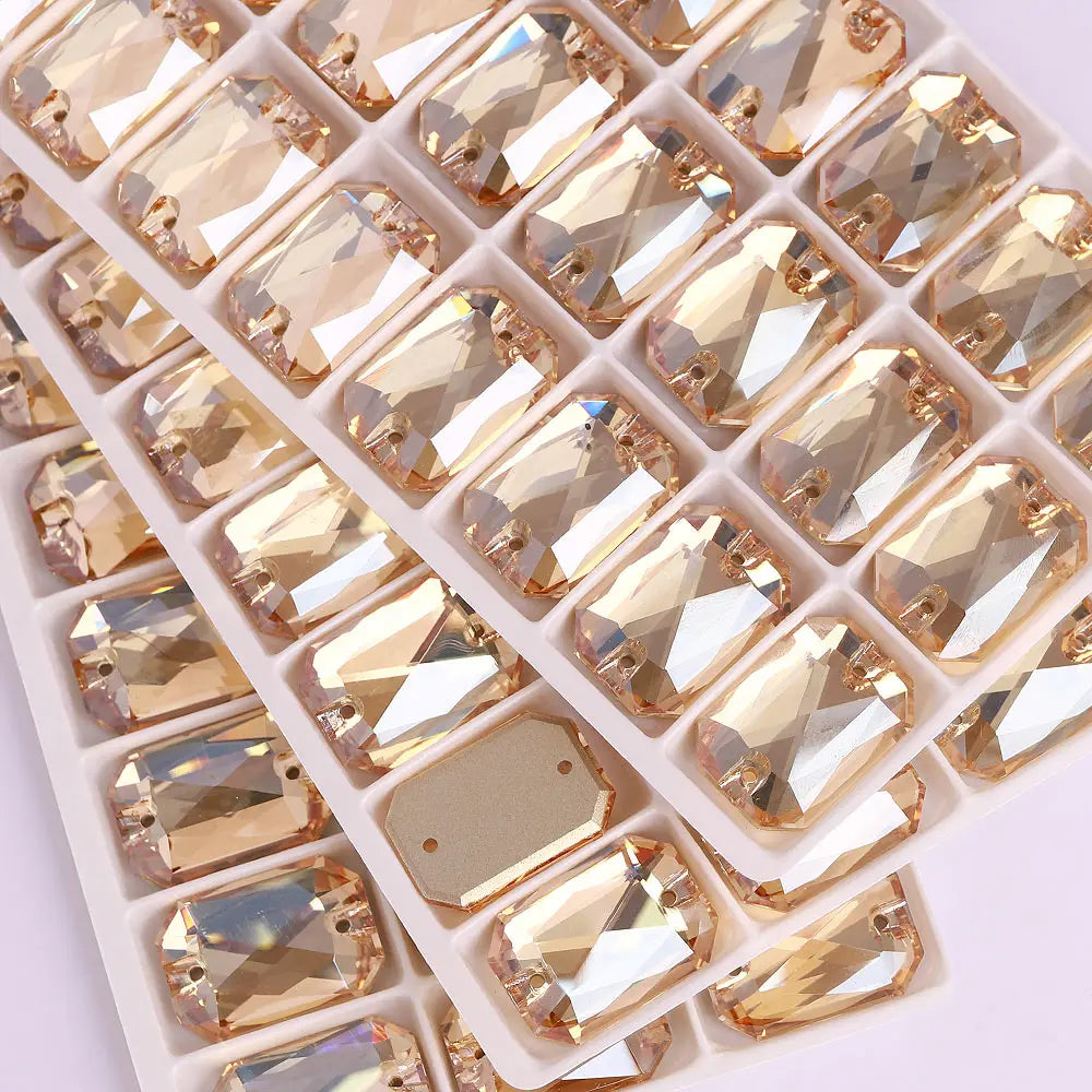 Emerald Cut High Quality Latest Fashion Clear Glass Flat Back Sew-On Rhinestones 12 Facets Multi-Use DIY Wedding Dress Two Holes