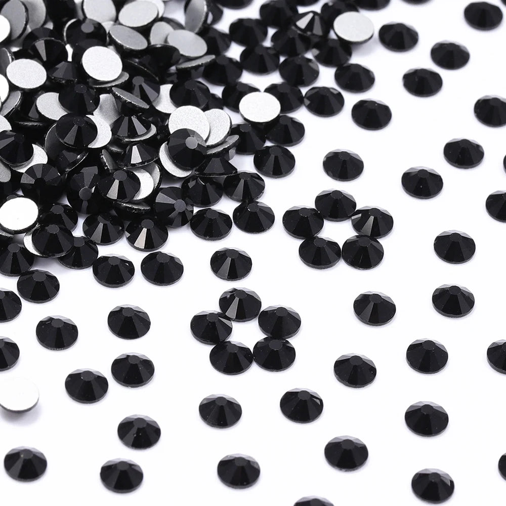 Jet Black Nail Art High Quality Glass Stones Flat Back Regular Cut 12 Facets Round Shape Crystal Rhinestones for Crafts