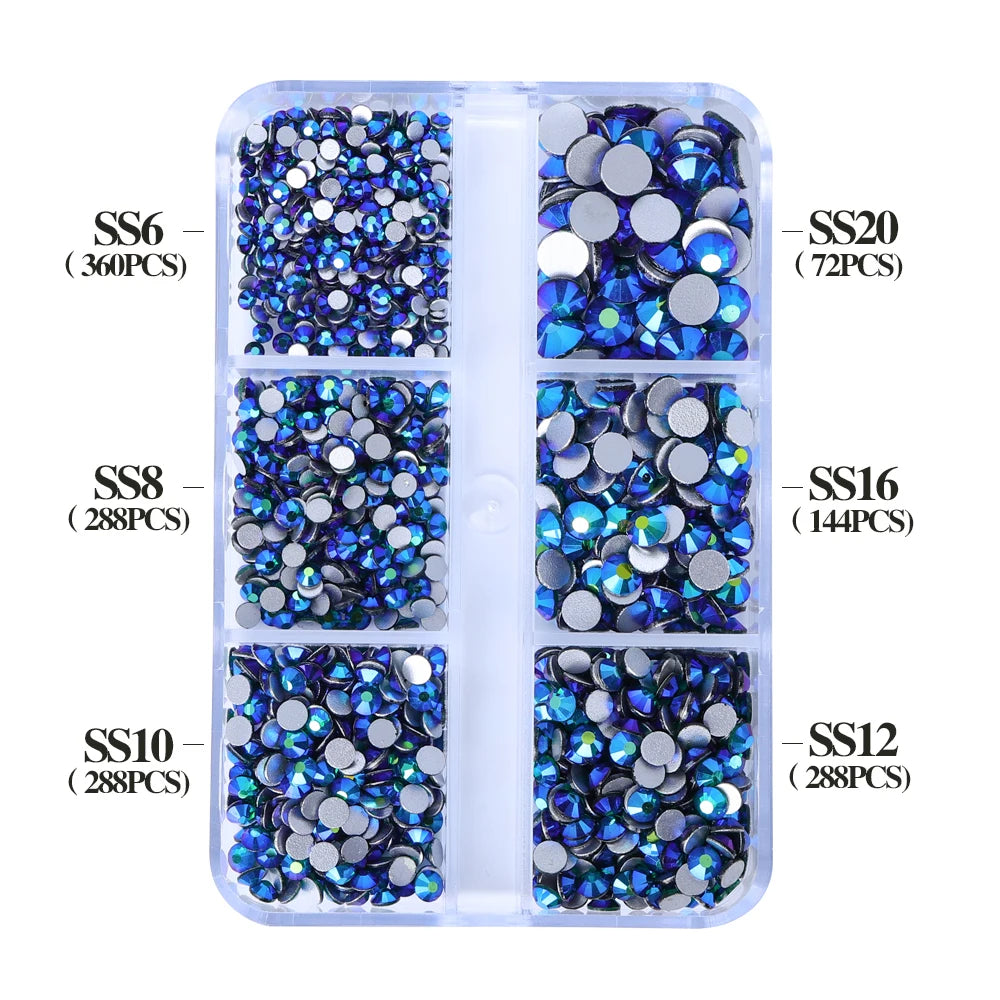 Wholesale 6 Grid Non Hotfix Crystal AB Rhinestone Flatback Glass Rhinestone Mixed Size for Nail Art Decoration