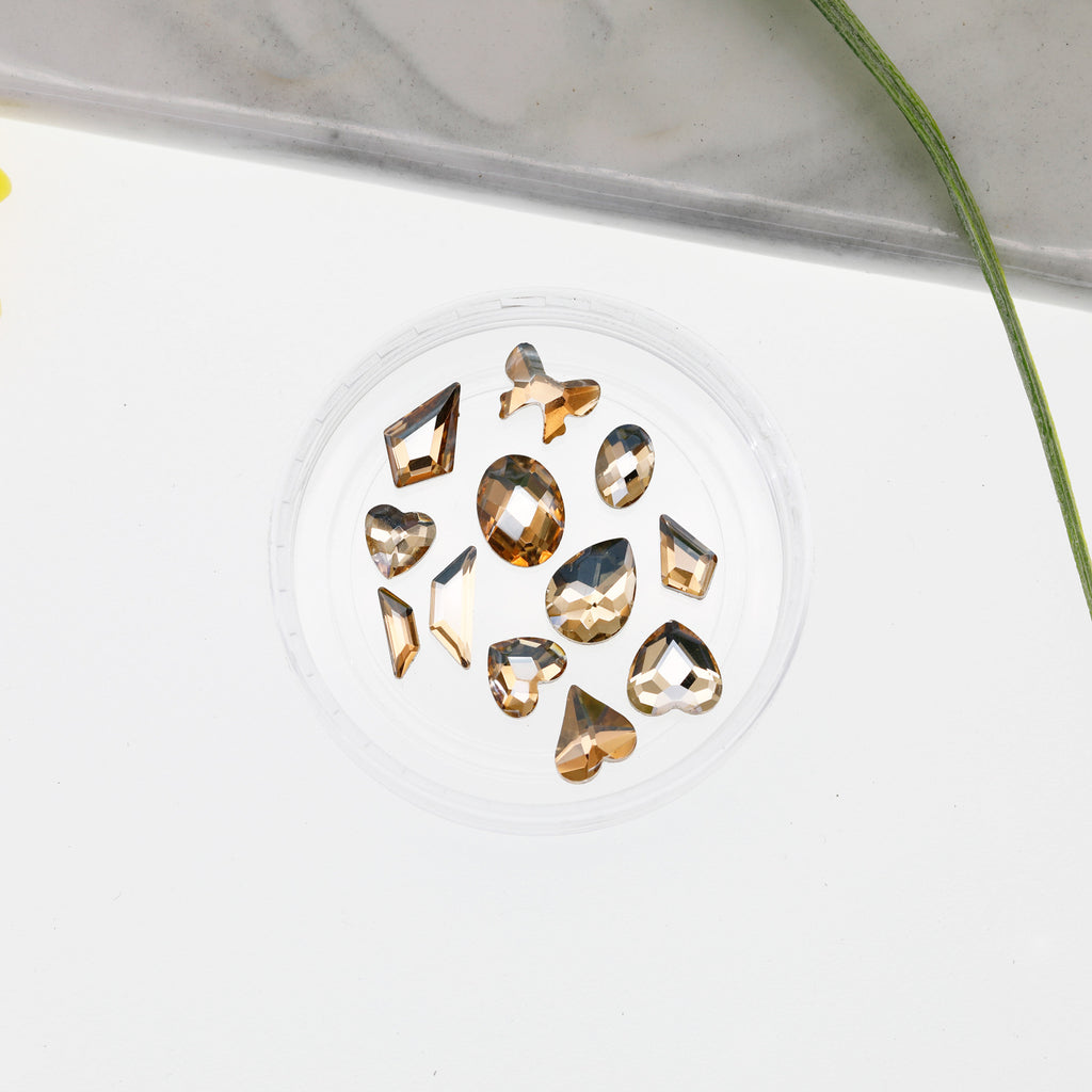 Cross-Border Supply Gold Champagne Flatback Shaped Nail Art Rhinestones Super Sparkle Gel Polish Adhesive Stones Non-Fading Base Color