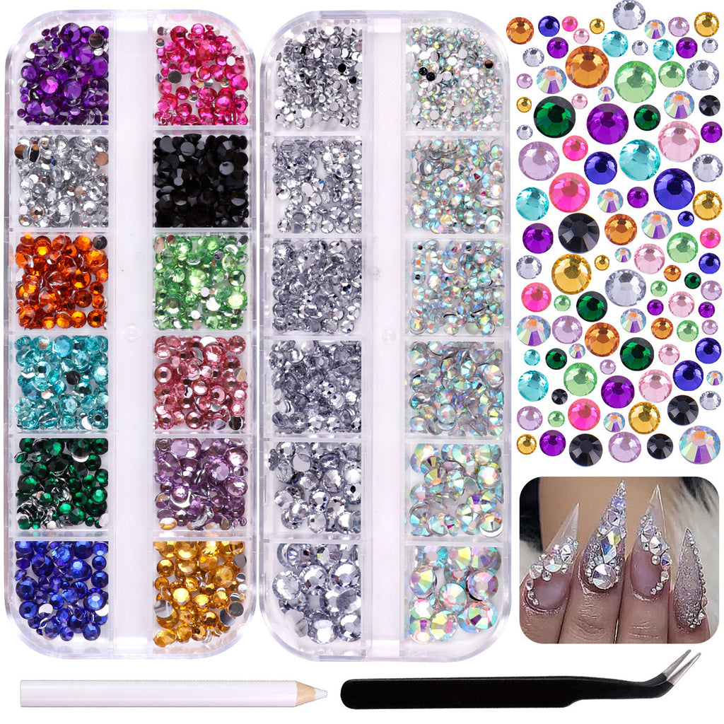 12-Grid DIY Box of Sparkling White AB Mixed Color Acrylic Flatback Resin Rhinestones for Nail Art