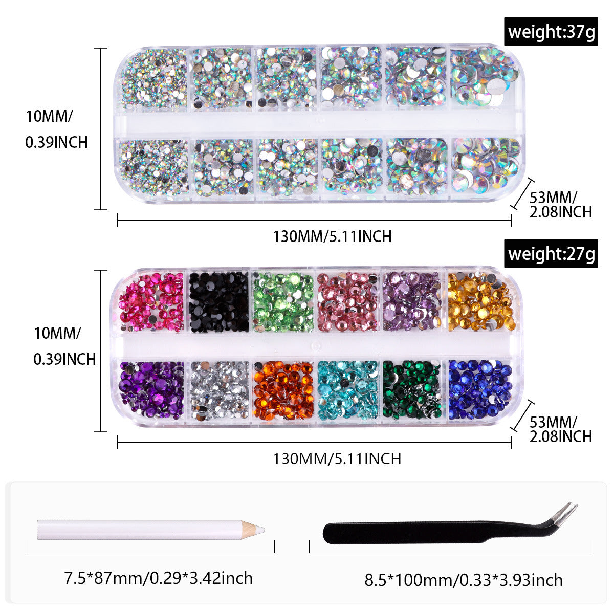 12-Grid DIY Box of Sparkling White AB Mixed Color Acrylic Flatback Resin Rhinestones for Nail Art