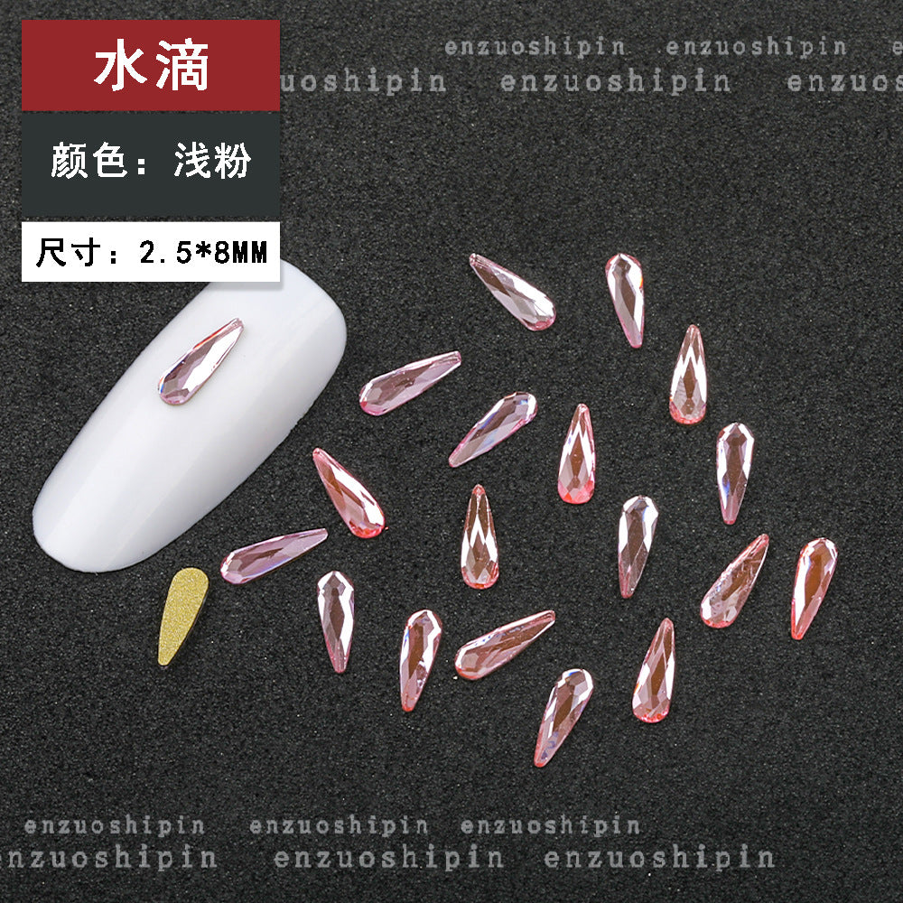 New hot-selling nail art rhinestones, light pink gold base, flat bottom, irregular shape, marquise, teardrop glass rhinestones, DIY nail art accessories wholesale.