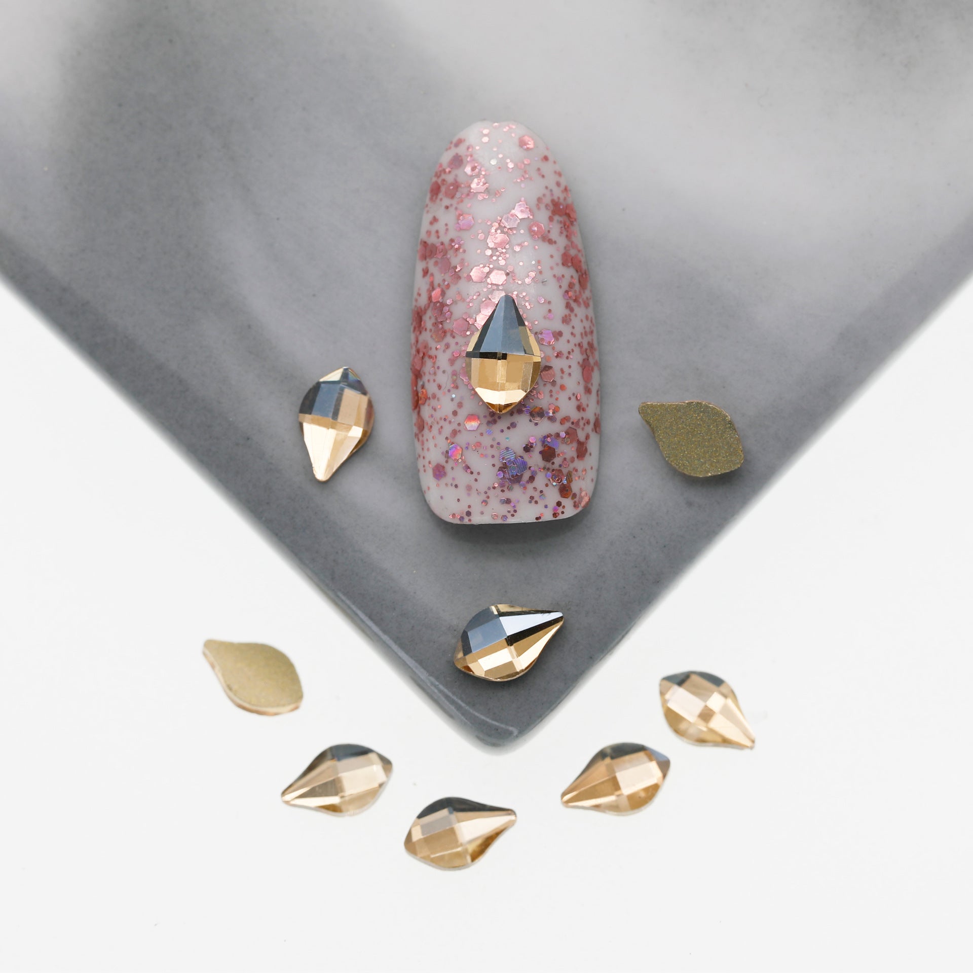 Cross-Border Supply Gold Champagne Flatback Shaped Nail Art Rhinestones Super Sparkle Gel Polish Adhesive Stones Non-Fading Base Color