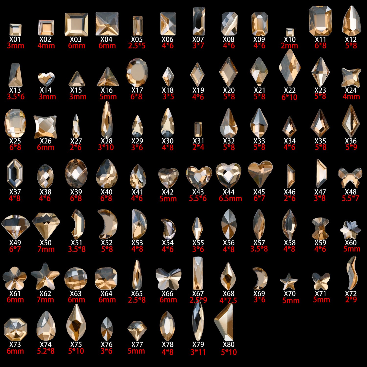 Cross-Border Supply Gold Champagne Flatback Shaped Nail Art Rhinestones Super Sparkle Gel Polish Adhesive Stones Non-Fading Base Color