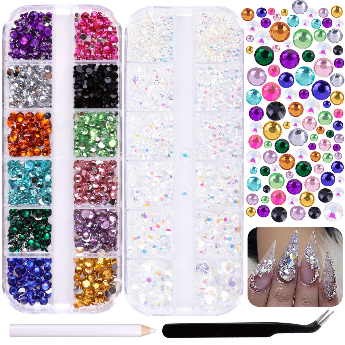 12-Grid DIY Box of Sparkling White AB Mixed Color Acrylic Flatback Resin Rhinestones for Nail Art