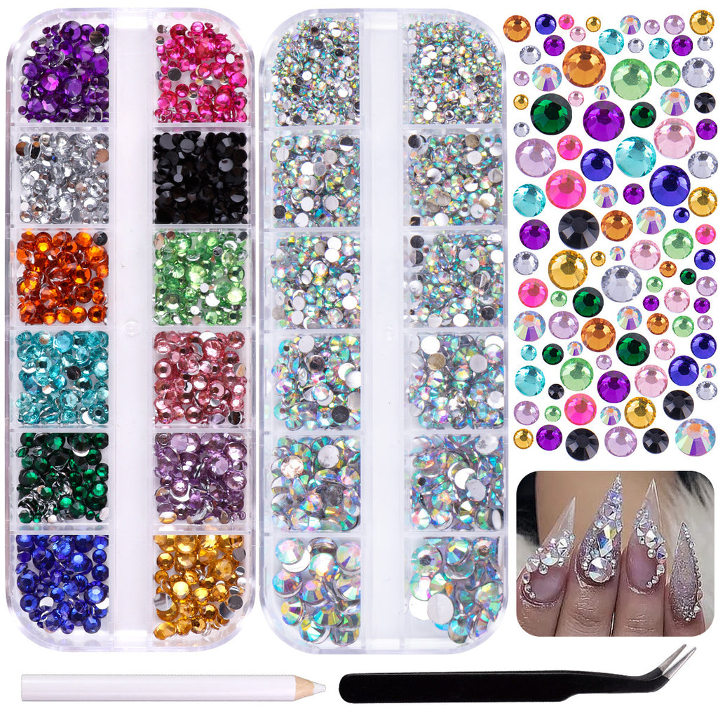 12-Grid DIY Box of Sparkling White AB Mixed Color Acrylic Flatback Resin Rhinestones for Nail Art