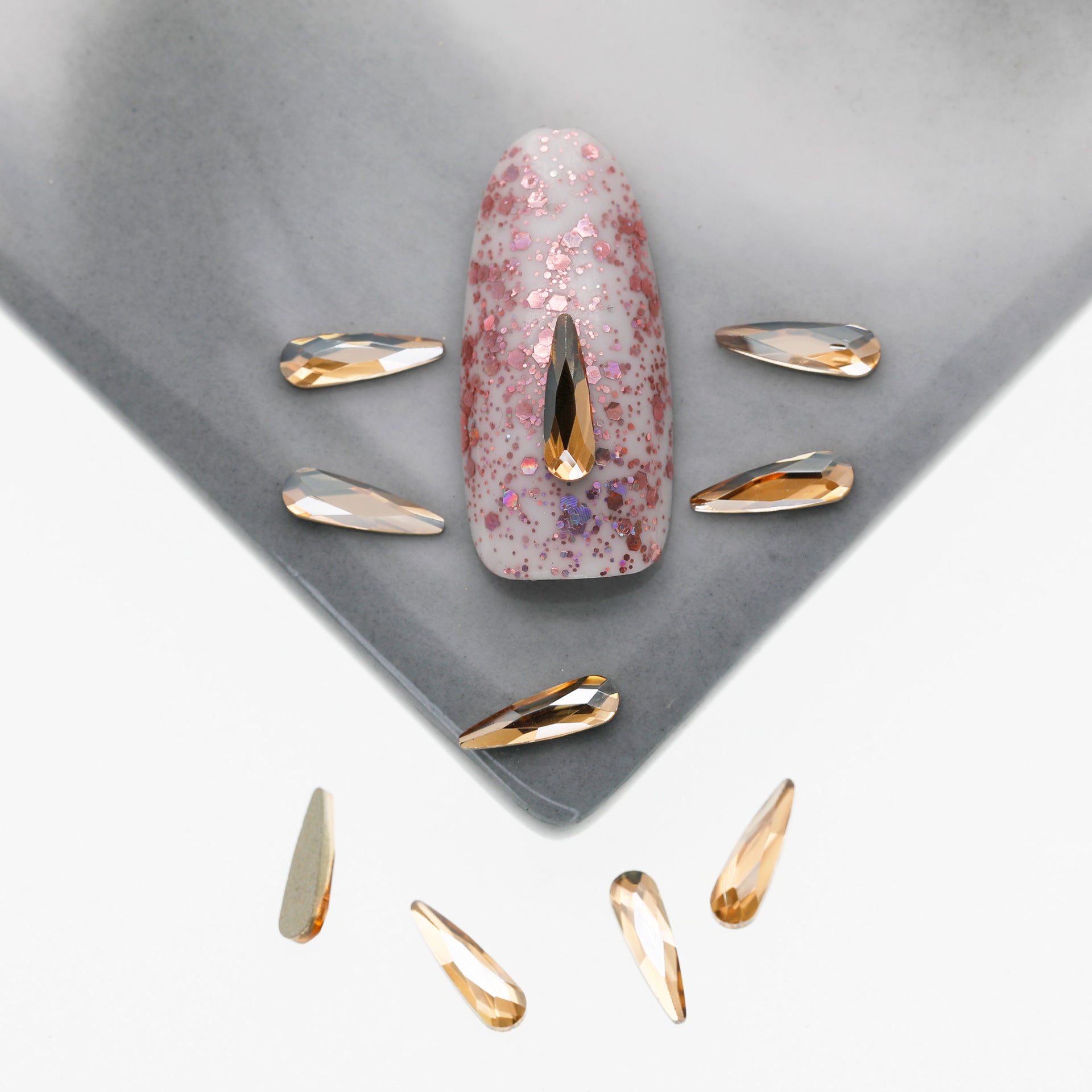 Cross-Border Supply Gold Champagne Flatback Shaped Nail Art Rhinestones Super Sparkle Gel Polish Adhesive Stones Non-Fading Base Color