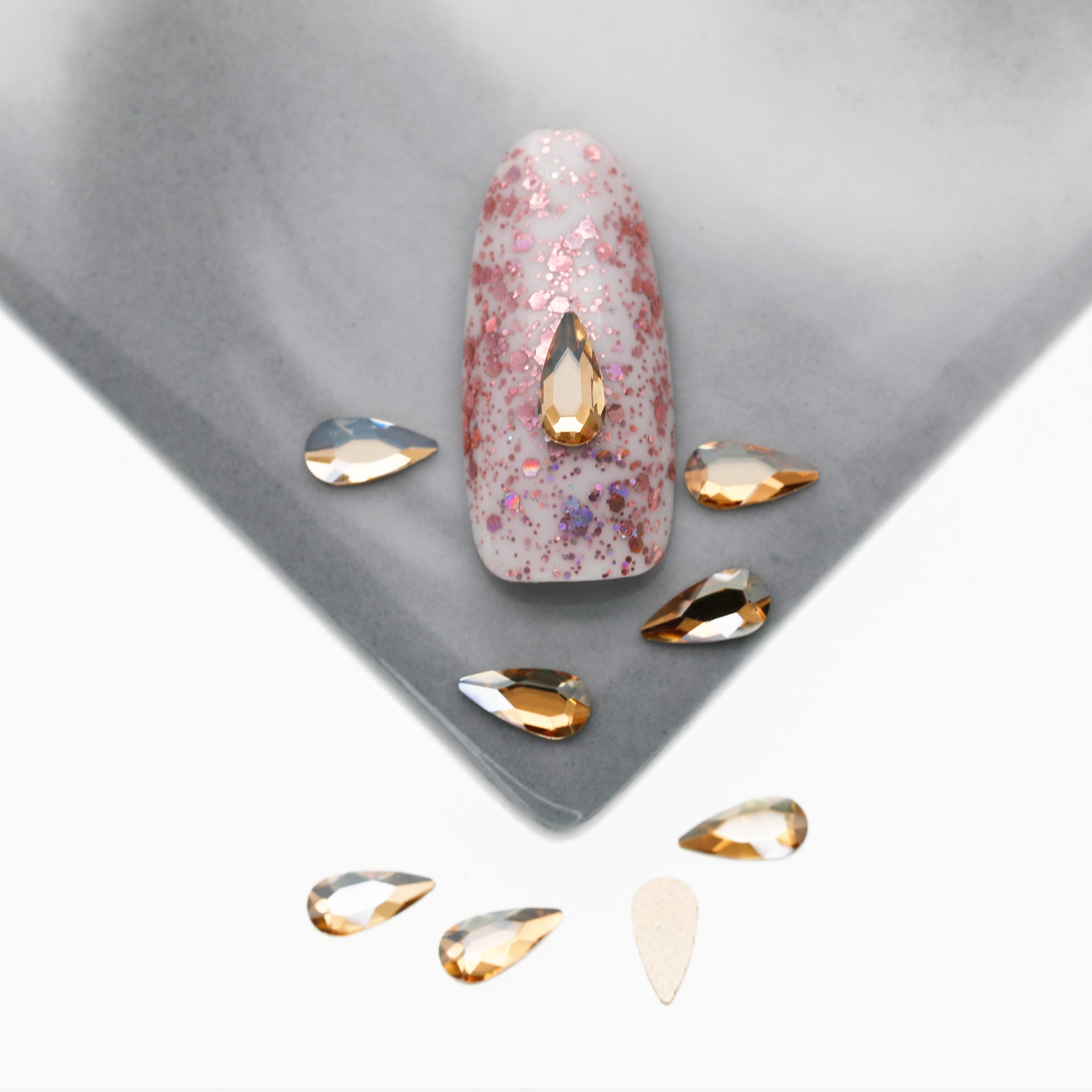 Cross-Border Supply Gold Champagne Flatback Shaped Nail Art Rhinestones Super Sparkle Gel Polish Adhesive Stones Non-Fading Base Color