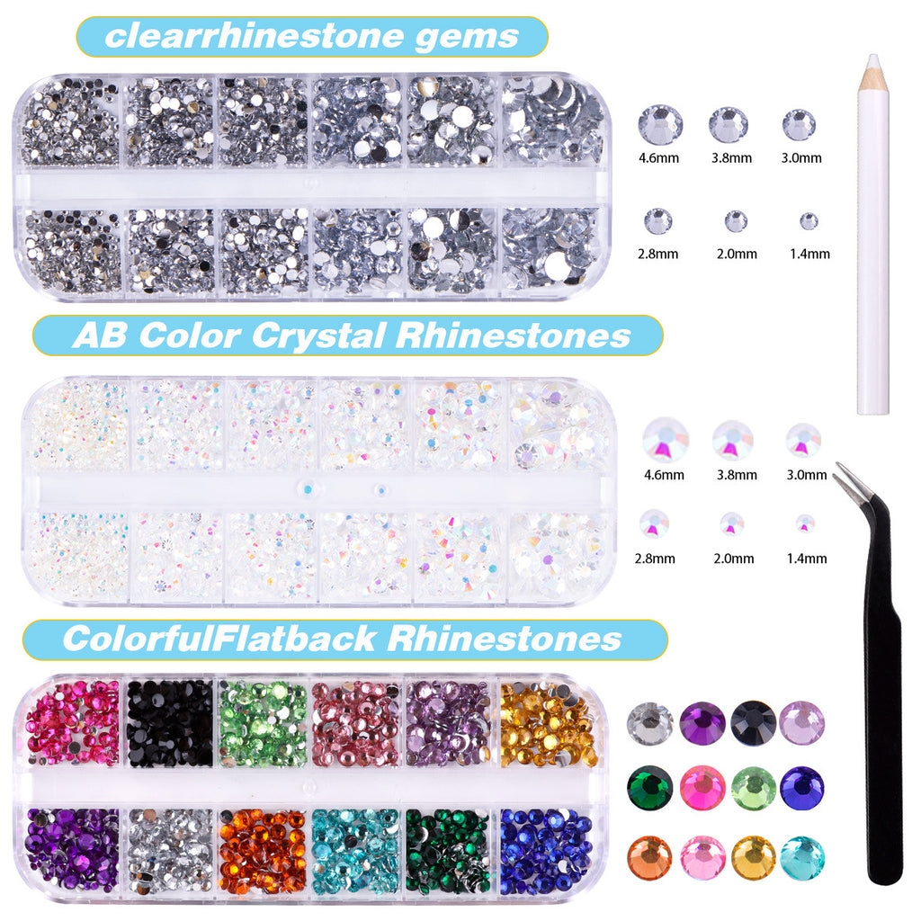 12-Grid DIY Box of Sparkling White AB Mixed Color Acrylic Flatback Resin Rhinestones for Nail Art