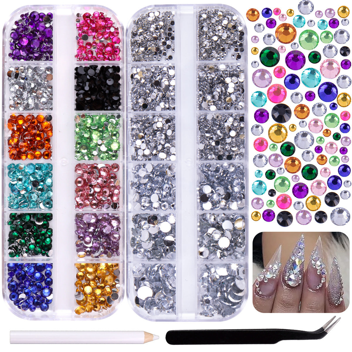 12-Grid DIY Box of Sparkling White AB Mixed Color Acrylic Flatback Resin Rhinestones for Nail Art