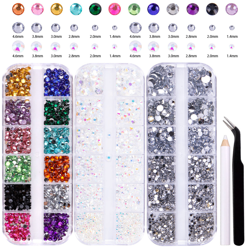 12-Grid DIY Box of Sparkling White AB Mixed Color Acrylic Flatback Resin Rhinestones for Nail Art