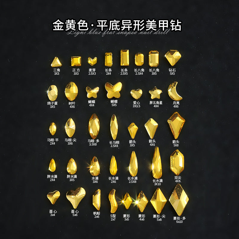 Small Golden Yellow Flatback Shaped Rhinestones Yellow Heart Butterfly Marquise Glass Crystal Nail Art Decorations Wholesale
