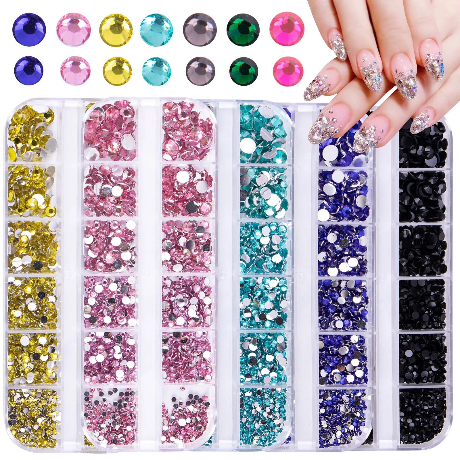 Acrylic Rhinestones Mixed Colors 12 Grid Box for Nail Art DIY Craft Decoration