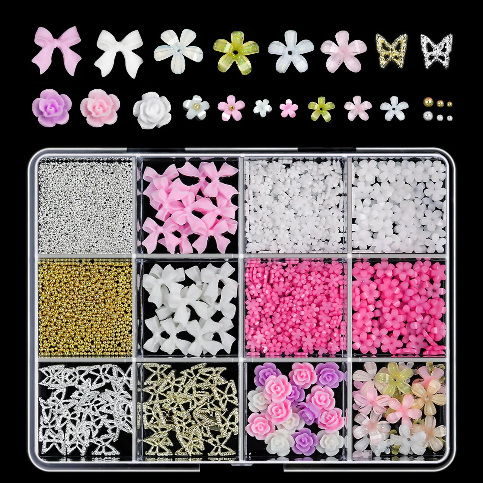 Hot Sale DIY Nail Art Kit with Ribbon Butterfly Pearl Moon Heart Resin Nail Decorations
