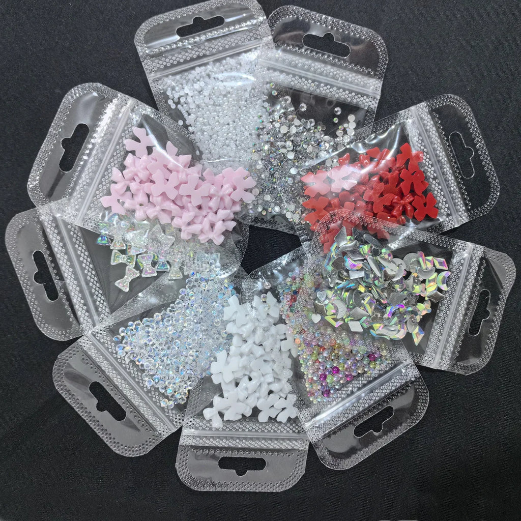 DIY Nail Art Accessories Pack Bow Tie Rhinestones Round Diamonds for Nail Decoration