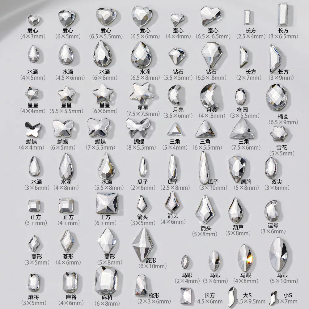 100pcs Nail Flat Shaped Diamond Jewelry White Super Sparkling Butterfly Star Water Droplet Diamond Glass Rhinestone Wholesale