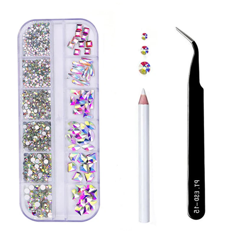 Box Multi-Size Nail Rhinestones 3D Crystal DIY Nail Art Decorations crystal diamond gems with Pen tweezers Nail Beauty Tool Set