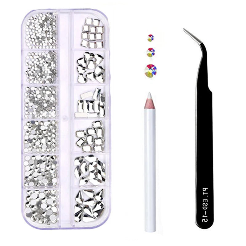 Box Multi-Size Nail Rhinestones 3D Crystal DIY Nail Art Decorations crystal diamond gems with Pen tweezers Nail Beauty Tool Set