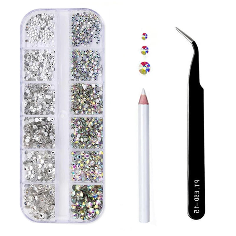 3pcs/set 3D Nail Art Rhinestones Multi Size Nail Decorations With tweezers and pen Mixed Size Crystal Gems DIY Nails Accessories