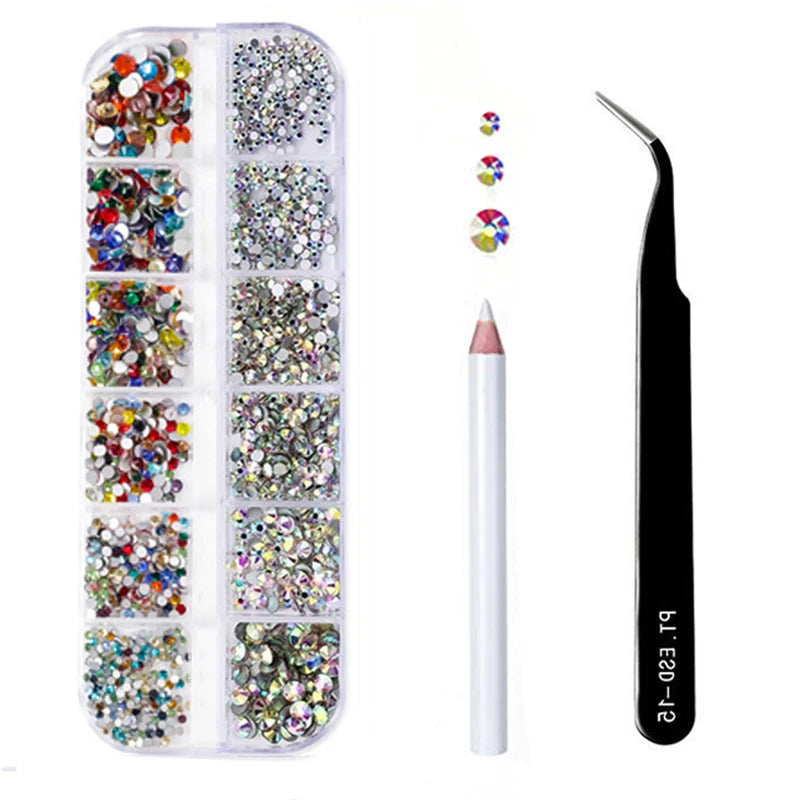 Box Multi-Size Nail Rhinestones 3D Crystal DIY Nail Art Decorations crystal diamond gems with Pen tweezers Nail Beauty Tool Set