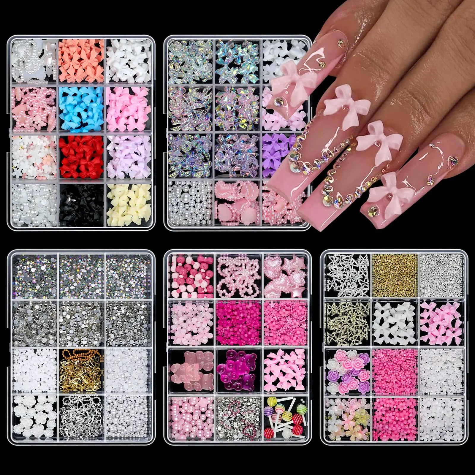 Hot Sale DIY Nail Art Kit with Ribbon Butterfly Pearl Moon Heart Resin Nail Decorations