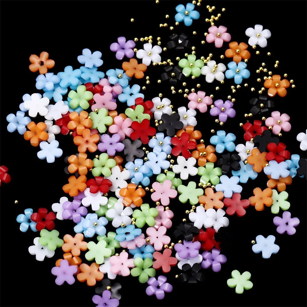 1bag  Acrylic Petal Flowers With Gold Beads Nails Glitter Kinds of Colors Flowers Rhinestones Gems DIY Nail Art Decoration