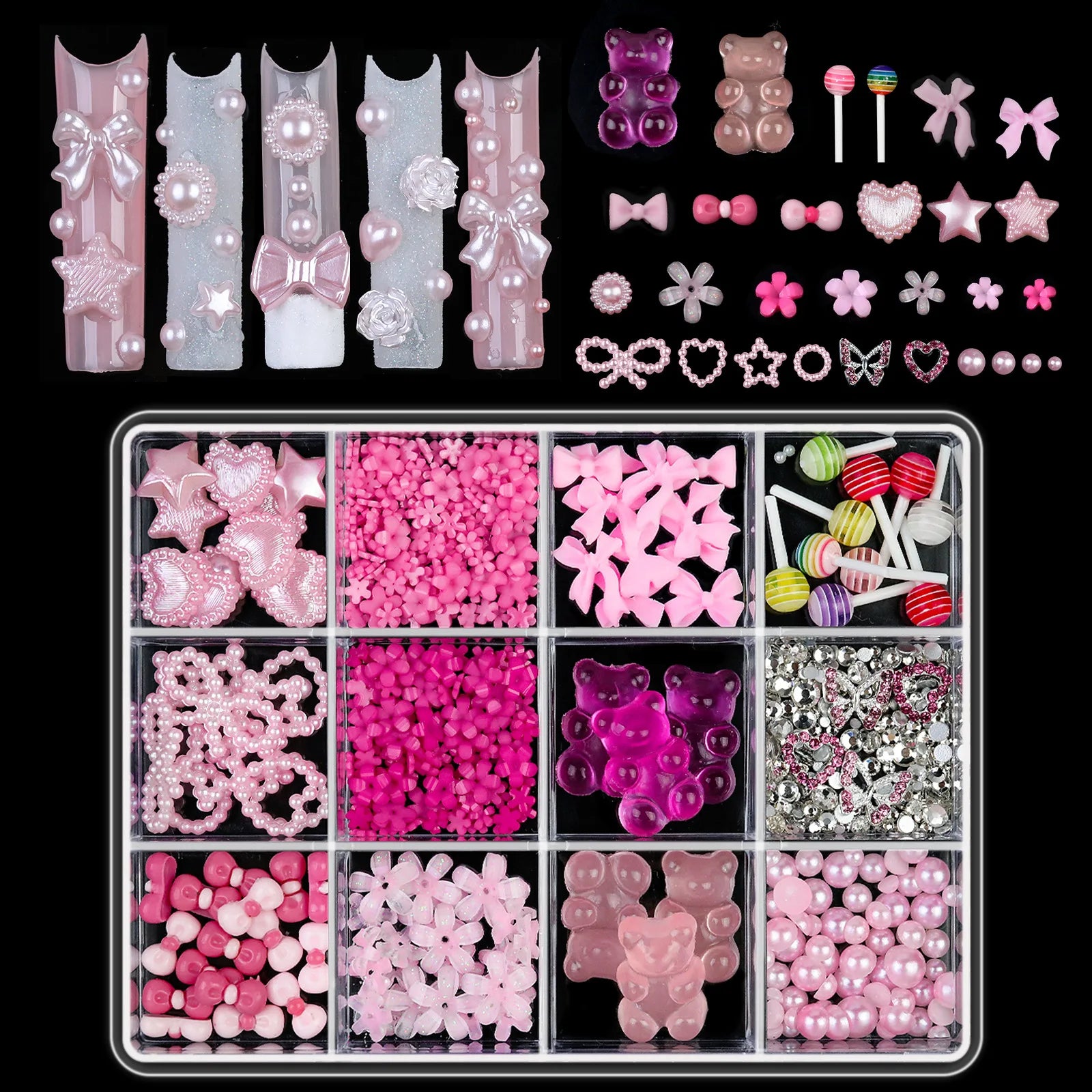 Hot Sale DIY Nail Art Kit with Ribbon Butterfly Pearl Moon Heart Resin Nail Decorations